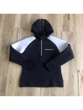 BMW Navy Hoodie with White Shoulder Panels and Hood Stripes